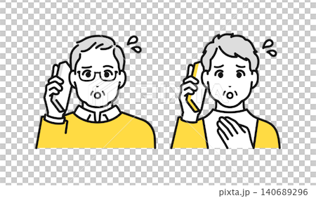 An elderly couple talking on their cell phone with troubled expressions. An elderly couple talking on their cell phone with troubled expressions. 140689296