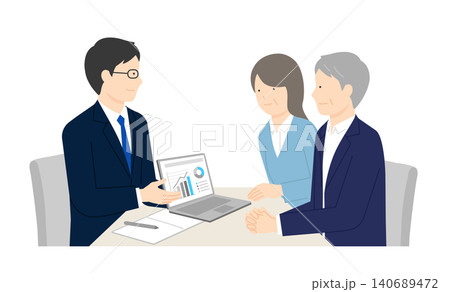 窓口でお客様の接客をするビジネスパーソンと夫婦のイラスト ベクター素材 140689472