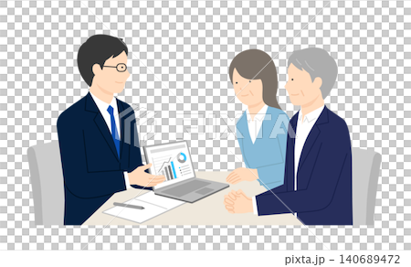 窓口でお客様の接客をするビジネスパーソンと夫婦のイラスト ベクター素材 140689472