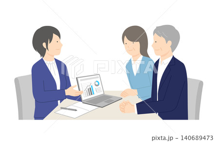 窓口でお客様の接客をするビジネスパーソンと夫婦のイラスト ベクター素材 140689473