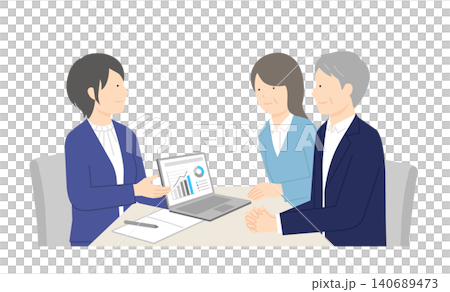 Vector illustration of a business person and a married couple serving customers at a counter. Vector illustration of a business person and a married couple serving customers at a counter. 140689473