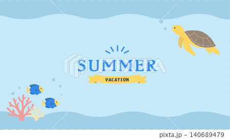 Summer banner illustration, ocean illustration, banner, summer background illustration, summer creature illustration, dolphin and sea turtle back Summer banner illustration, ocean illustration, banner, summer background illustration, summer creature illustration, dolphin and sea turtle back 140689479