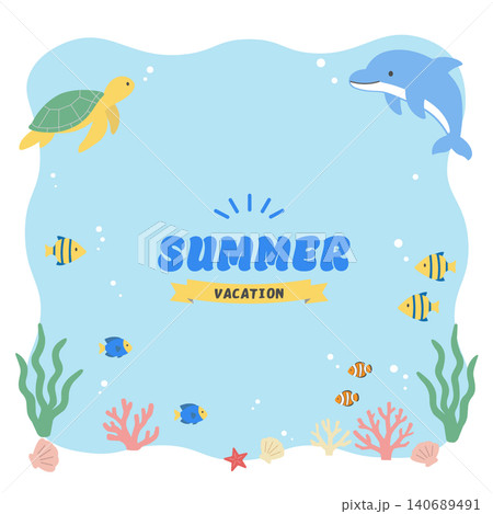 夏のバナーイラスト　海のイラスト　バナー　夏の背景イラスト　夏の生き物イラスト イルカとウミガメの背 140689491