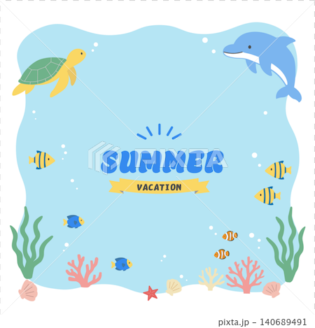 夏のバナーイラスト　海のイラスト　バナー　夏の背景イラスト　夏の生き物イラスト イルカとウミガメの背 140689491