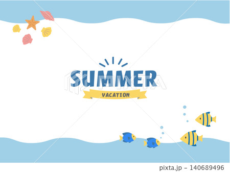 夏のバナーイラスト　海のイラスト　バナー　夏の背景イラスト　夏の生き物イラスト イルカとウミガメの背 140689496