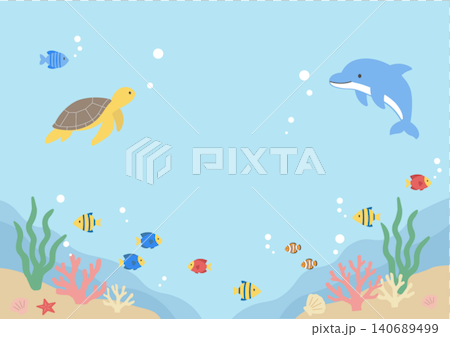 Summer banner illustration, ocean illustration, banner, summer background illustration, summer creature illustration, dolphin and sea turtle back Summer banner illustration, ocean illustration, banner, summer background illustration, summer creature illustration, dolphin and sea turtle back 140689499
