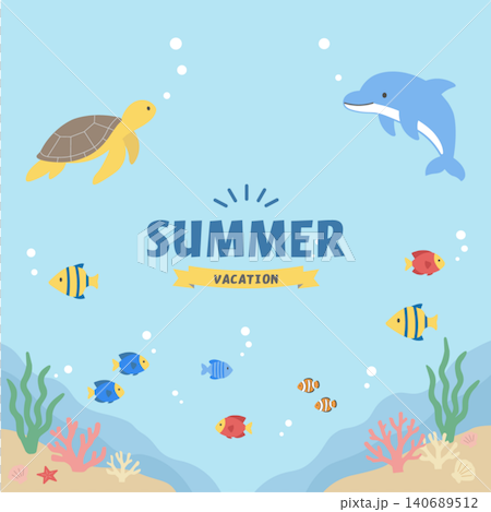 Summer banner illustration, ocean illustration, banner, summer background illustration, summer creature illustration, dolphin and sea turtle back Summer banner illustration, ocean illustration, banner, summer background illustration, summer creature illustration, dolphin and sea turtle back 140689512