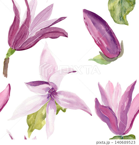 Pink magnolia flower with green leaf isolated on white background. Hand painted watercolor botanical illustration with soft petals and natural details for floral design, prints, stationery and decor 140689523