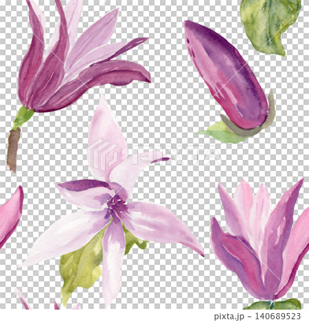 Pink magnolia flower with green leaf isolated on white background. Hand painted watercolor botanical illustration with soft petals and natural details for floral design, prints, stationery and decor Pink magnolia flower with green leaf isolated on white background. Hand painted watercolor botanical illustration with soft petals and natural details for floral design, prints, stationery and decor 140689523