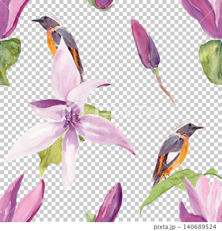 Seamless pattern featuring pink magnolia blossoms, buds, green leaves and small songbirds. Botanical watercolor repeat suitable for fabric, wallpaper, wrapping paper, home decor and surface design 140689524