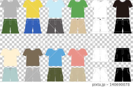 A set of illustrations of short-sleeved T-shirts and shorts to wear in spring and summer. A set of illustrations of short-sleeved T-shirts and shorts to wear in spring and summer. 140690078