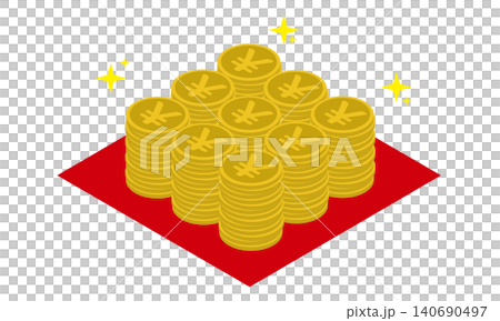 日本円のコインの束が9つあるアイソメトリック図(赤い敷物つき) 日本円のコインの束が9つあるアイソメトリック図(赤い敷物つき) 140690497