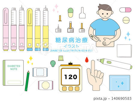 糖尿病の治療のシンプルかわいいイラストアイコンセット 糖尿病の治療のシンプルかわいいイラストアイコンセット 140690583