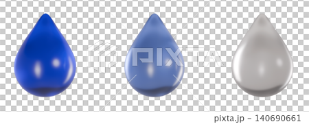 Glass-textured water droplets in three different colors: 3D rendering illustration set Glass-textured water droplets in three different colors: 3D rendering illustration set 140690661