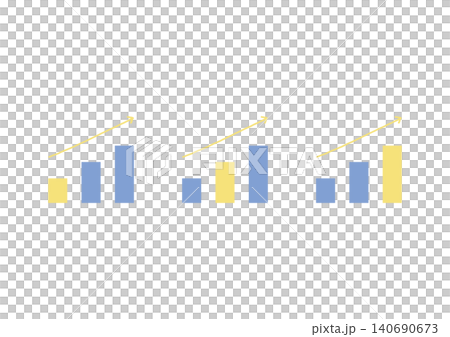 A set of illustrations featuring a bar graph with one bar of a different color sloping upwards and a hand-drawn straight arrow (blue and yellow). A set of illustrations featuring a bar graph with one bar of a different color sloping upwards and a hand-drawn straight arrow (blue and yellow). 140690673