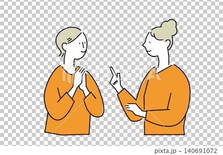 Women chatting with smiles on their faces Women chatting with smiles on their faces 140691072