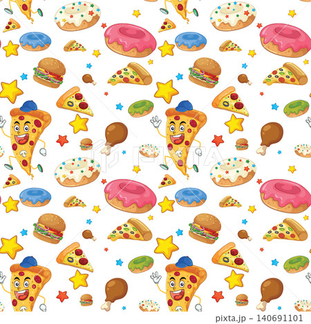 Seamless Vector Pattern of Cartoon Fast Food Characters and Snacks Seamless Vector Pattern of Cartoon Fast Food Characters and Snacks 140691101