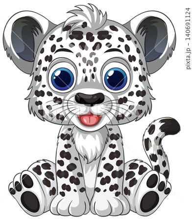 Cute Cartoon Snow Leopard Cub Vector Illustration Sitting on White Background Cute Cartoon Snow Leopard Cub Vector Illustration Sitting on White Background 140691124