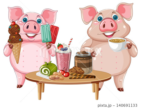 Two Cartoon Pigs Enjoying a Variety of Sweet Treats and Desserts 140691133