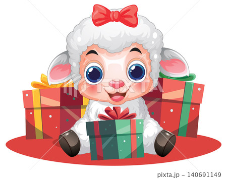 Cute Cartoon Lamb Sitting with Colorful Christmas Gift Boxes Cute Cartoon Lamb Sitting with Colorful Christmas Gift Boxes 140691149