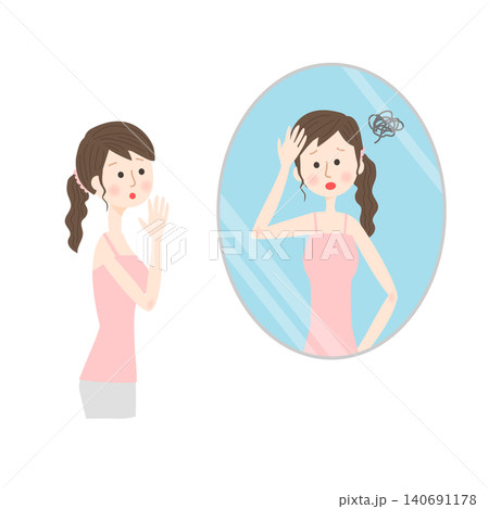 悩んでいる自分が鏡に映っているのを見る若い女性 悩んでいる自分が鏡に映っているのを見る若い女性 140691178