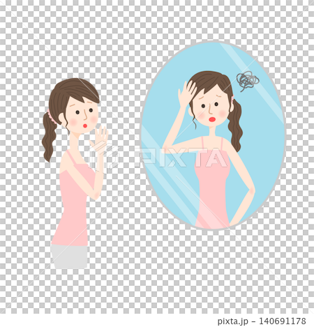 悩んでいる自分が鏡に映っているのを見る若い女性 悩んでいる自分が鏡に映っているのを見る若い女性 140691178