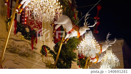 Christmas decorations with reindeer, lights, and ornaments Christmas decorations with reindeer, lights, and ornaments 140691281