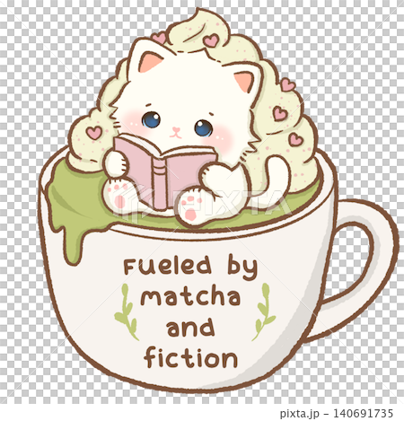 Cute Cat Reading Inside a Giant Matcha Latte Mug Fueled by Matcha and Fiction Cozy Book Lover Illustration Cute Cat Reading Inside a Giant Matcha Latte Mug Fueled by Matcha and Fiction Cozy Book Lover Illustration 140691735