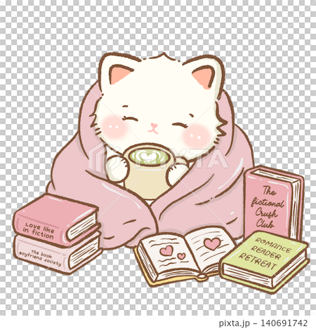 Cozy Cat Wrapped in Blanket Reading Romance Books with Matcha Latte Book Lover Illustration Cozy Cat Wrapped in Blanket Reading Romance Books with Matcha Latte Book Lover Illustration 140691742