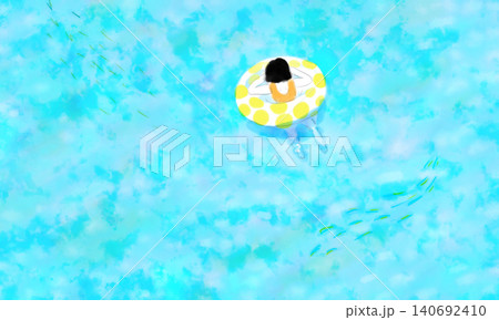 リゾートの海で浮き輪を使って泳ぐ若い女性の手書きイラスト素材 リゾートの海で浮き輪を使って泳ぐ若い女性の手書きイラスト素材 140692410