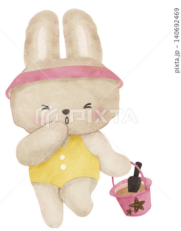 Summer bunny rabbit sassy beach retro summer vibe with sand bucket watercolor illustration Summer bunny rabbit sassy beach retro summer vibe with sand bucket watercolor illustration 140692469