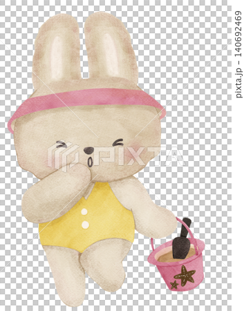 Summer bunny rabbit sassy beach retro summer vibe with sand bucket watercolor illustration Summer bunny rabbit sassy beach retro summer vibe with sand bucket watercolor illustration 140692469