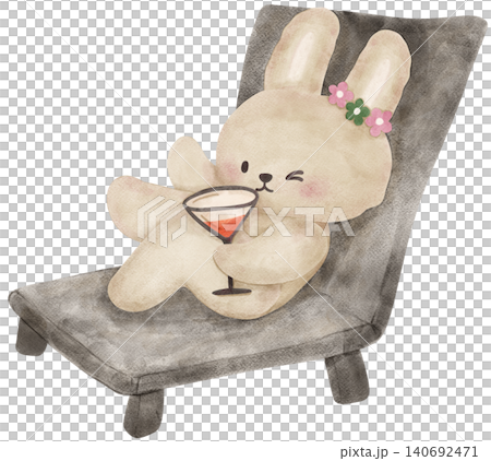 Summer bunny rabbit sassy beach retro summer vibe on sunbed watercolor illustration Summer bunny rabbit sassy beach retro summer vibe on sunbed watercolor illustration 140692471