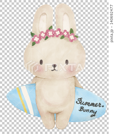 Summer bunny rabbit sassy beach retro summer vibe with surfboard watercolor illustration Summer bunny rabbit sassy beach retro summer vibe with surfboard watercolor illustration 140692477