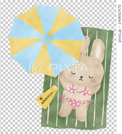 Summer bunny rabbit sassy bikini sunbath beach retro summer vibe watercolor illustration Summer bunny rabbit sassy bikini sunbath beach retro summer vibe watercolor illustration 140692478