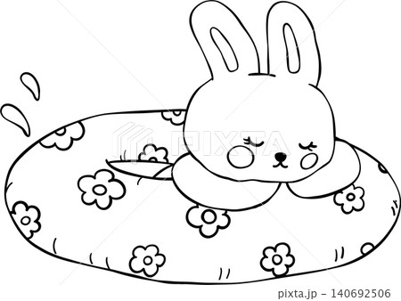 Outline Sassy summer bunny rabbit retro set in summer vibe with beach accessories coquette style for Coloring book Outline Sassy summer bunny rabbit retro set in summer vibe with beach accessories coquette style for Coloring book 140692506