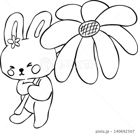Outline Sassy summer bunny rabbit retro set in summer vibe with beach accessories coquette style for Coloring book 140692507