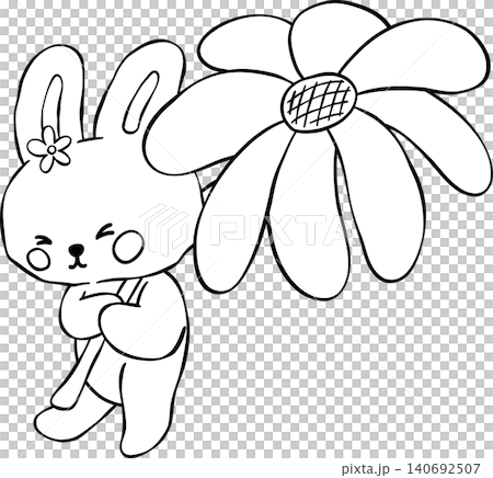 Outline Sassy summer bunny rabbit retro set in summer vibe with beach accessories coquette style for Coloring book 140692507