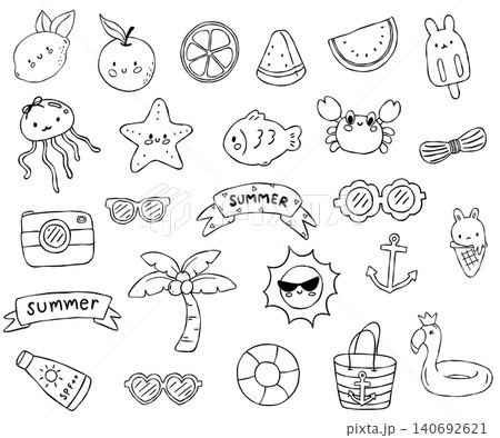 Cute summer beach coloring page with bunny characters and vacation elements bundle set Cute summer beach coloring page with bunny characters and vacation elements bundle set 140692621
