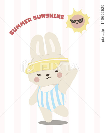 Coquette summer sunshine bunny rabbit with yellow sun visor and striped swimsuit on retro pink background Coquette summer sunshine bunny rabbit with yellow sun visor and striped swimsuit on retro pink background 140692629