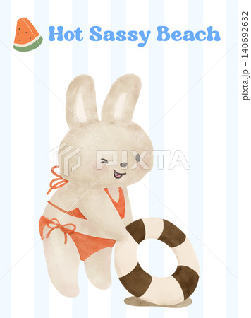 Coquette watercolor summer bunny rabbit in orange bikini with swim ring on retro blue striped background 140692632