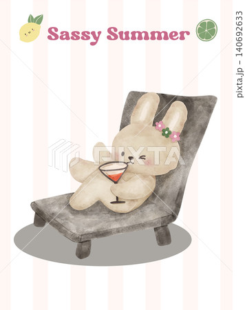 Coquette watercolor summer bunny rabbit relax on sunbed with cocktail retro pink striped background Coquette watercolor summer bunny rabbit relax on sunbed with cocktail retro pink striped background 140692633