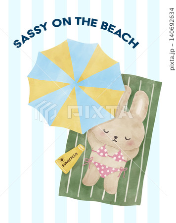 Coquette watercolor summer bunny rabbit sunbath under umbrella on retro blue striped background 140692634