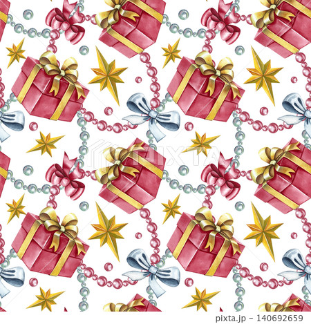 Seamless pattern with gift boxes, bows, beads, and stars. Hand-drawn watercolor illustration. For textiles and home decor, curtains, tablecloths, wrapping paper, wallpaper, and more. Seamless pattern with gift boxes, bows, beads, and stars. Hand-drawn watercolor illustration. For textiles and home decor, curtains, tablecloths, wrapping paper, wallpaper, and more. 140692659