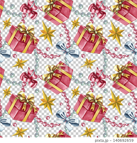Seamless pattern with gift boxes, bows, beads, and stars. Hand-drawn watercolor illustration. For textiles and home decor, curtains, tablecloths, wrapping paper, wallpaper, and more. Seamless pattern with gift boxes, bows, beads, and stars. Hand-drawn watercolor illustration. For textiles and home decor, curtains, tablecloths, wrapping paper, wallpaper, and more. 140692659