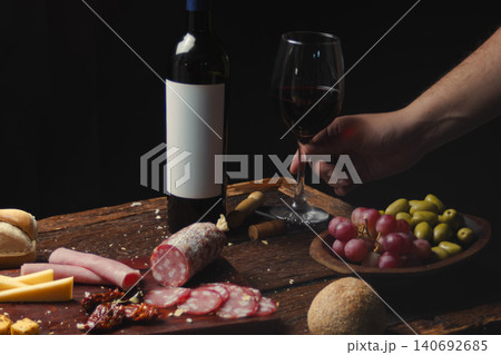 Hand lifting a glass of red wine, surrounded by a charcuterie board with sliced salami, ham, cheese, olives, grapes, bread, and sun dried tomatoes on a dark wooden surface Hand lifting a glass of red wine, surrounded by a charcuterie board with sliced salami, ham, cheese, olives, grapes, bread, and sun dried tomatoes on a dark wooden surface 140692685