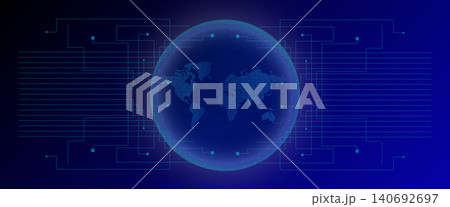Globalized world map featuring binary code inside a glowing sphere with connecting network lines, symbolizing advanced AI, data transfer, and future innovation 140692697