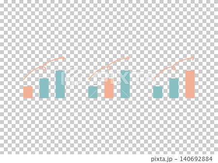 A set of illustrations (pink and green) featuring a bar graph with one bar of a different color sloping upwards and a hand-drawn, curving arrow. A set of illustrations (pink and green) featuring a bar graph with one bar of a different color sloping upwards and a hand-drawn, curving arrow. 140692884