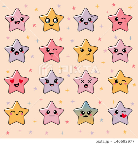 Adorable cartoon stars emotional faces collection, pastel color palettes vector illustration with friendly characters for greeting cards and baby shower design Adorable cartoon stars emotional faces collection, pastel color palettes vector illustration with friendly characters for greeting cards and baby shower design 140692977