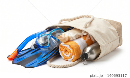 Snorkeling gear and beach supplies packed in canvas tote bag with snorkeling sunscreen vacation swimming equipment recreation outdoors tropical accessory isolated background supplies Snorkeling gear and beach supplies packed in canvas tote bag with snorkeling sunscreen vacation swimming equipment recreation outdoors tropical accessory isolated background supplies 140693117